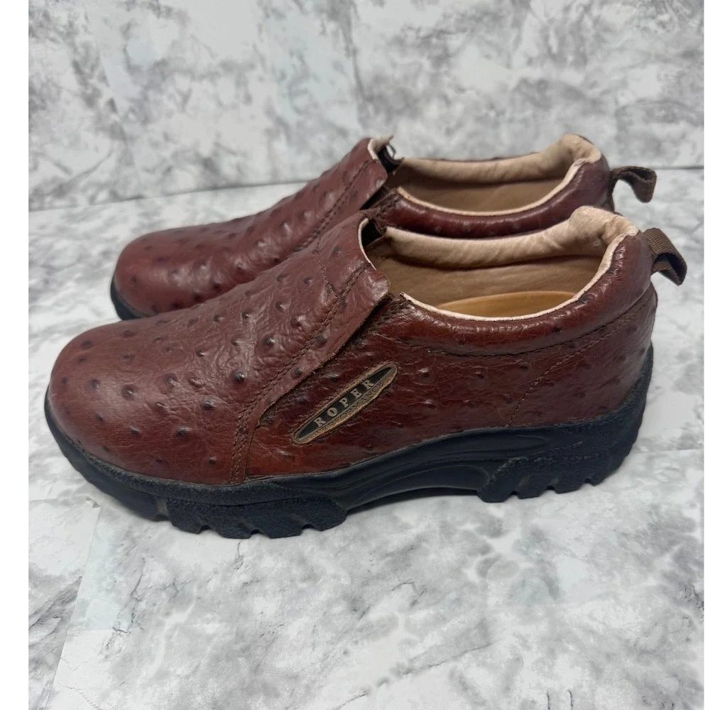 Roper‎ Men's Performance Ostrich Print Slip On Shoes Brown Leather Loafers